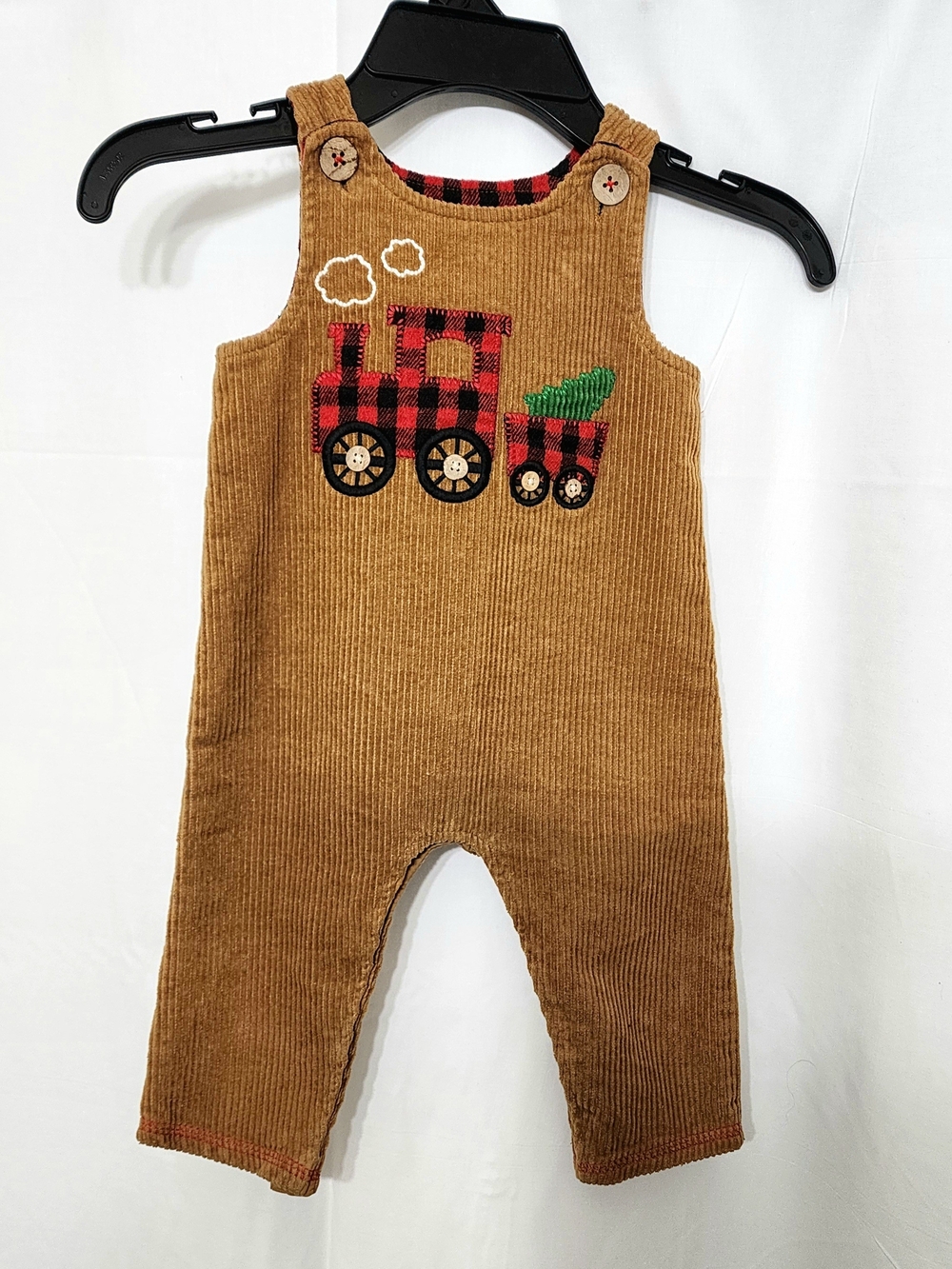 Mud Pie Brown Corduroy Overalls with Red Plaid Train Appliqué